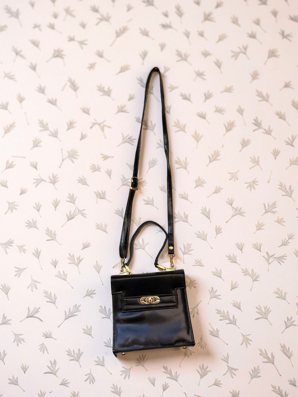 Vintage 1960s Black Box Purse Gold Hardware Top Handle Crossbody Bag